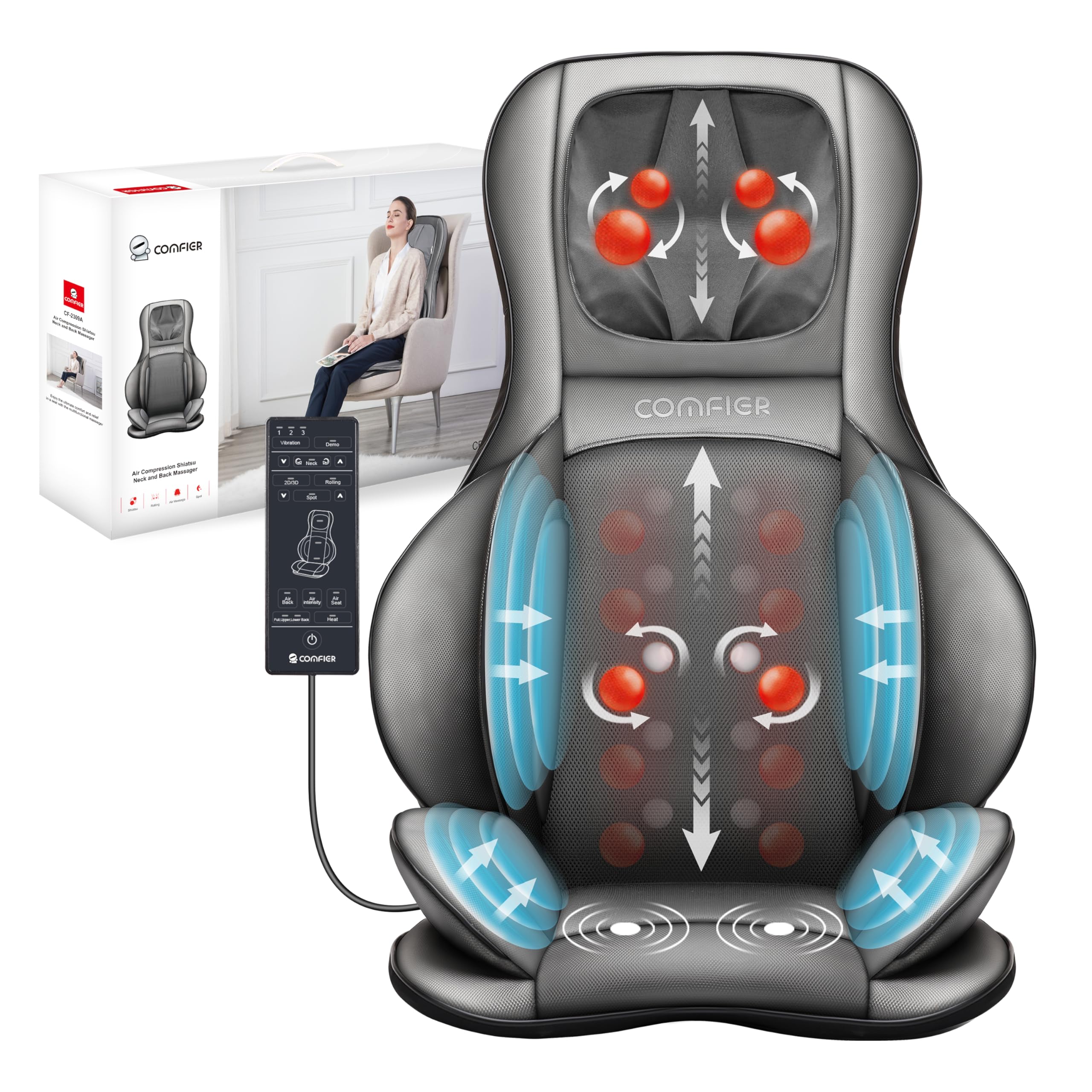COMFIER Full-Body Shiatsu Massage Chair Pad with Heat – Kneading, Rolling & Air Compression