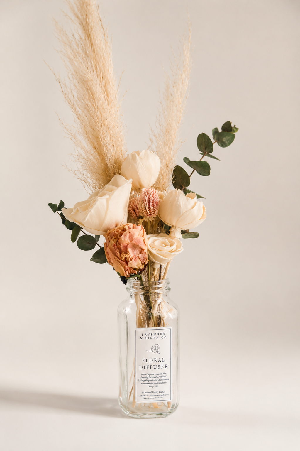 Botanical Diffuser Bouquet with Preserved Blush Peonies – Natural Home Fragrance Decor
