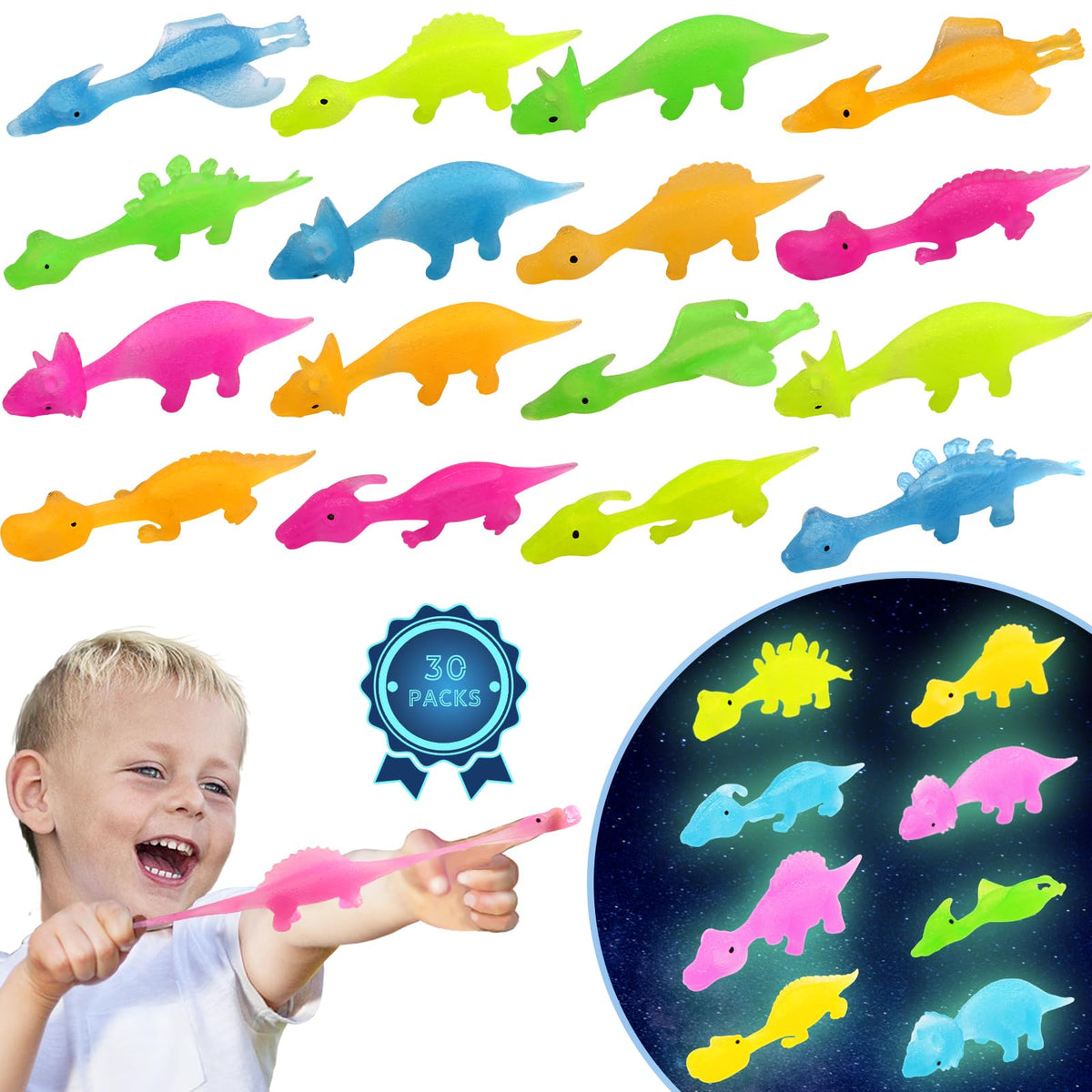 30 Pcs Slingshot Dinosaur Finger Toys Glow in the Dark Dinosaur Party Favors for Kids Goody Bag Stuffers Pinata Filler Prizes Christmas Stocking Stuffers