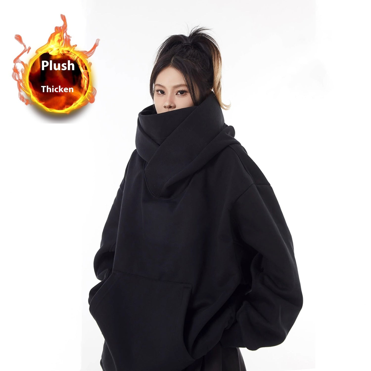 Loose High Collar Fleece Lined Hoodie
