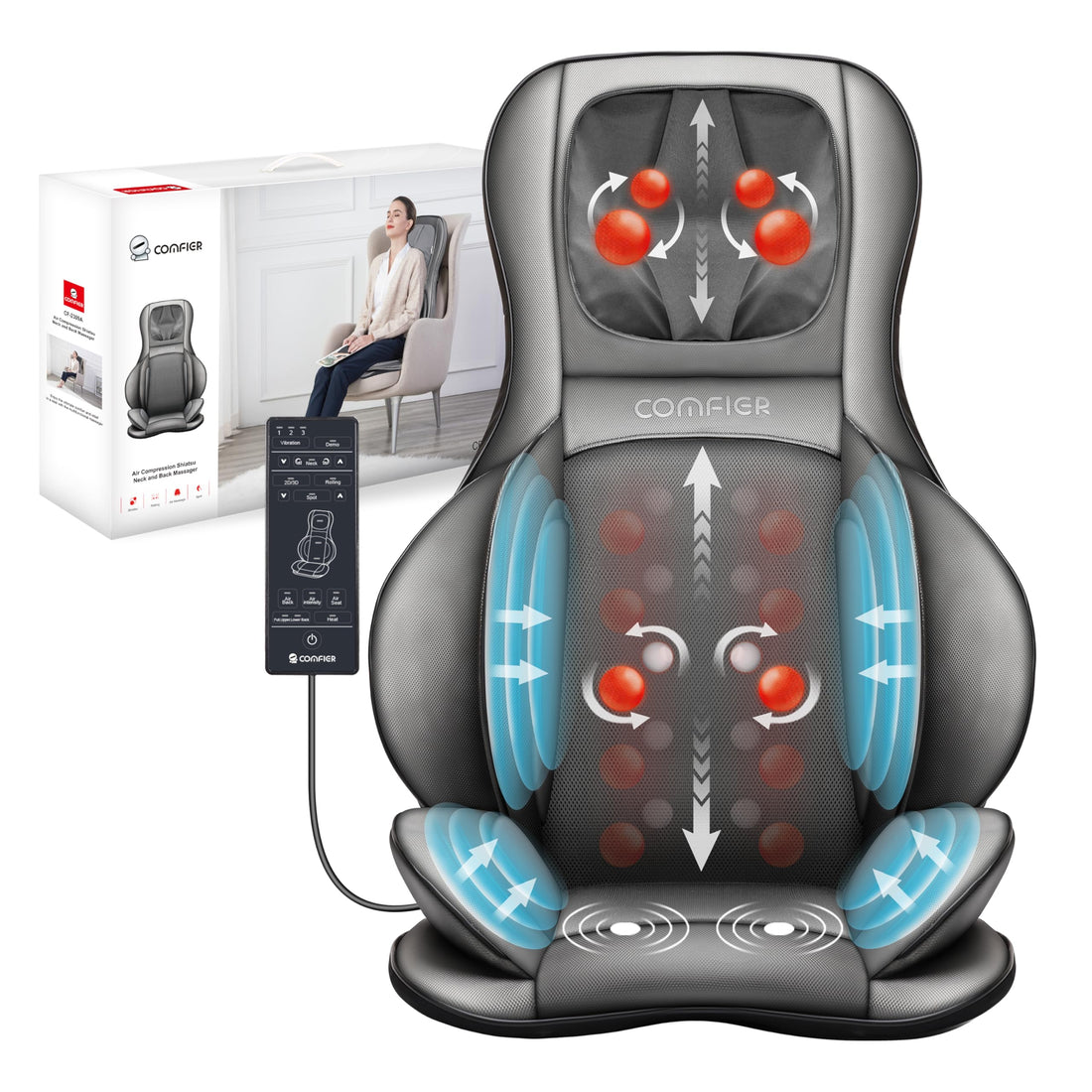 COMFIER Full-Body Shiatsu Massage Chair Pad with Heat – Kneading, Rolling & Air Compression