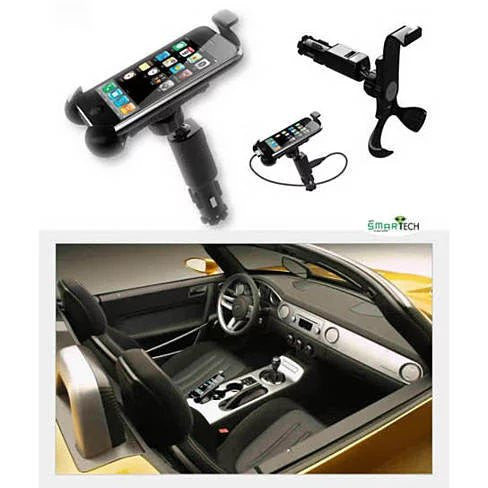 Universal Car Phone Mount with Built-In Charger – 360° Rotating Smartphone Holder for Dashboard